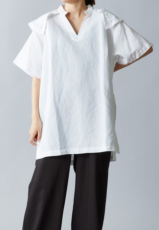 ＜normment（ノーメント）＞コットンリネンエンブロイダリーヨークチュニック 詳細画像 White 1