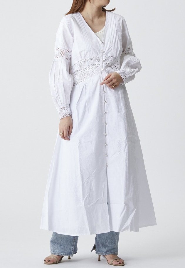 ＜SARA MALLIKA （サラマリカ）＞コットンレースフレアタックドレス 詳細画像 White 3
