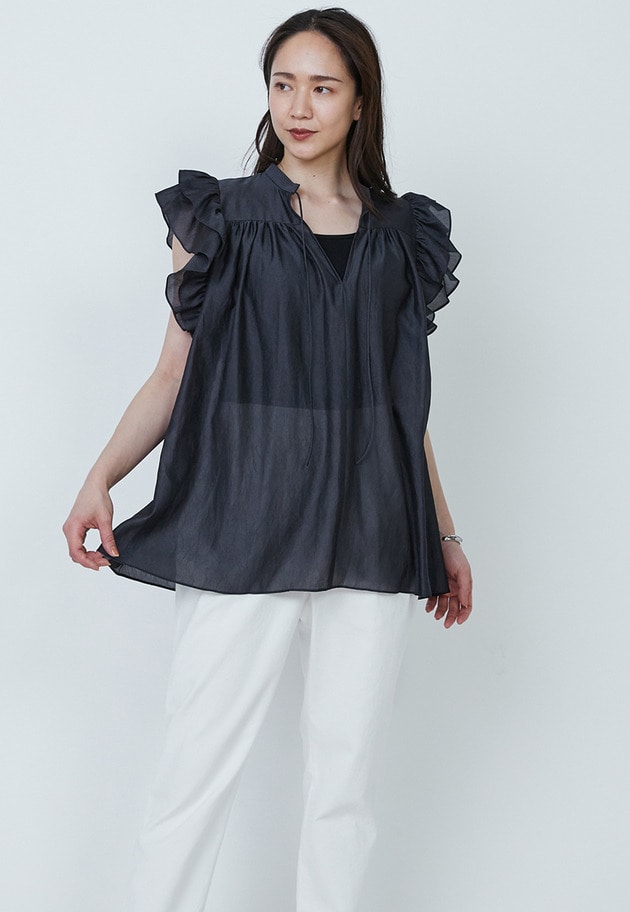 【WEB限定・追加予約】ワッシャーサテンフリルスリーブブラウス 詳細画像 Black 1
