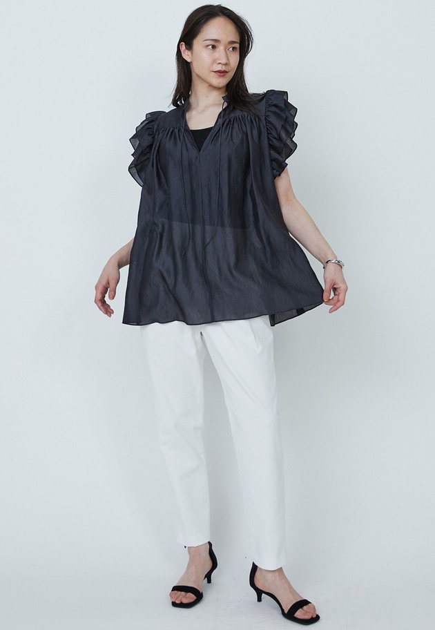 【WEB限定・追加予約】ワッシャーサテンフリルスリーブブラウス 詳細画像 Black 4