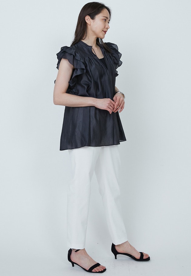 【WEB限定・追加予約】ワッシャーサテンフリルスリーブブラウス 詳細画像 Black 5