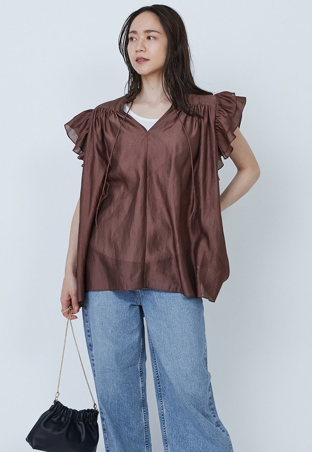 【WEB限定・追加予約】ワッシャーサテンフリルスリーブブラウス 詳細画像 Brown 1