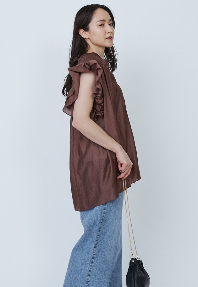 【WEB限定・追加予約】ワッシャーサテンフリルスリーブブラウス 詳細画像 Brown 2