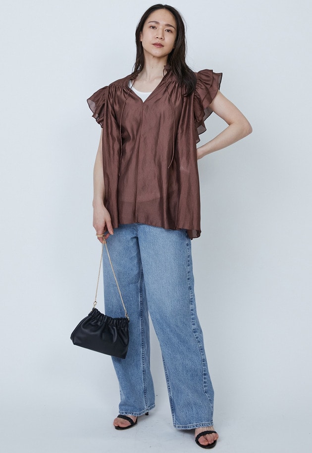 【WEB限定・追加予約】ワッシャーサテンフリルスリーブブラウス 詳細画像 Brown 3