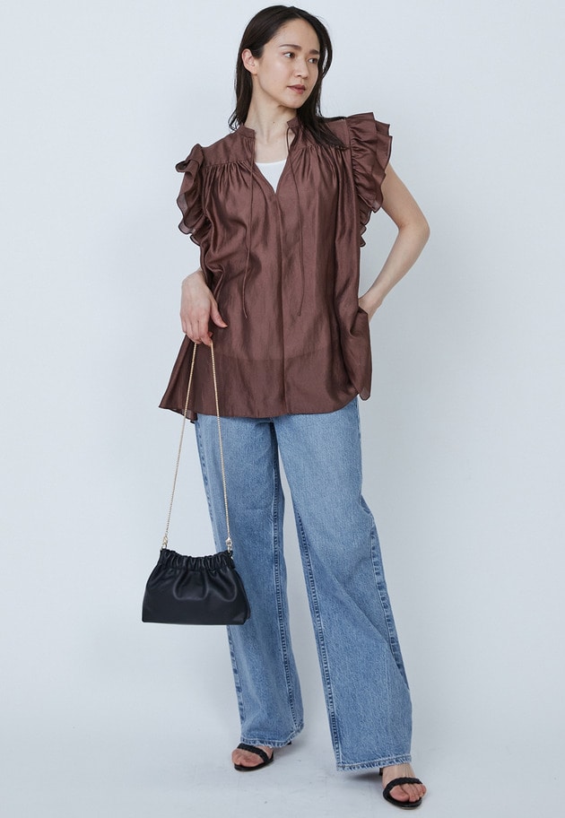 【WEB限定・追加予約】ワッシャーサテンフリルスリーブブラウス 詳細画像 Brown 4