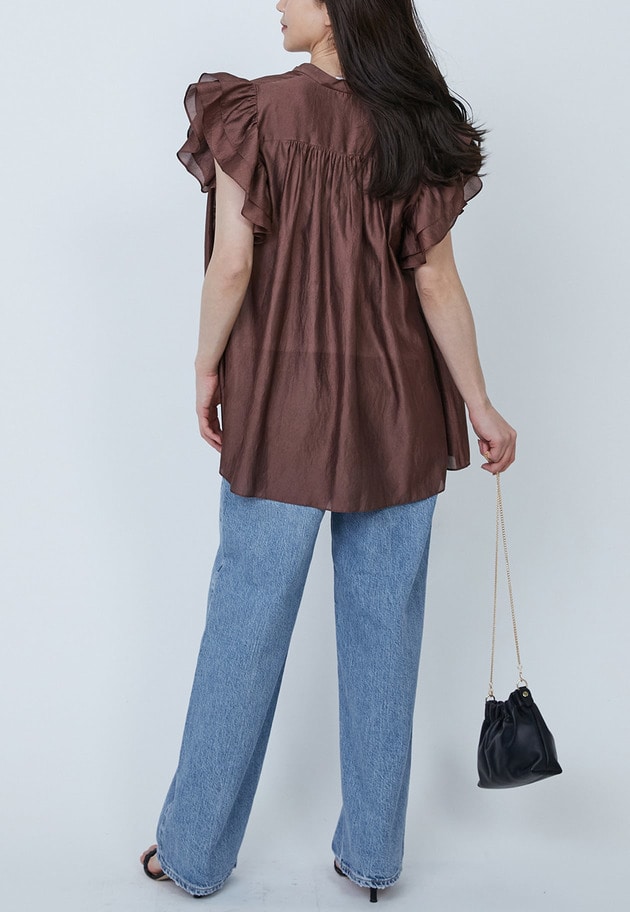 【WEB限定・追加予約】ワッシャーサテンフリルスリーブブラウス 詳細画像 Brown 5