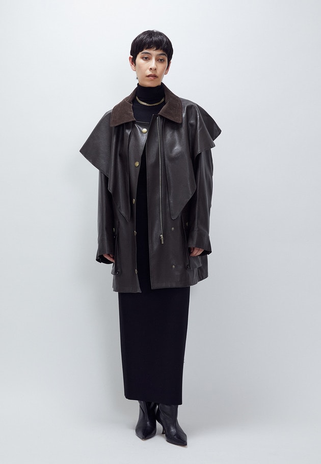 ＜SYSTEM（システム）＞レザーライク ケープジャケット 詳細画像 Dark brown 3