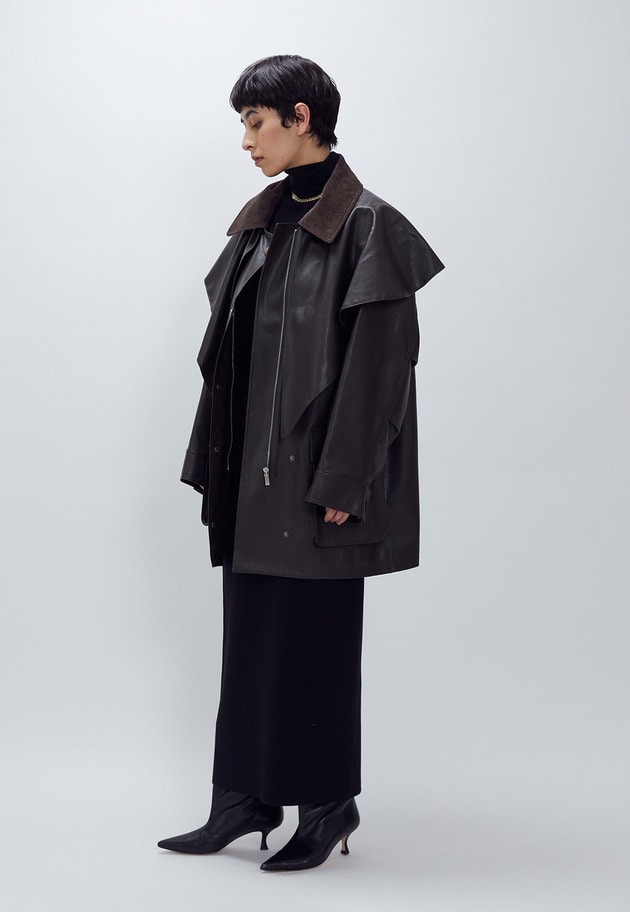 ＜SYSTEM（システム）＞レザーライク ケープジャケット 詳細画像 Dark brown 5