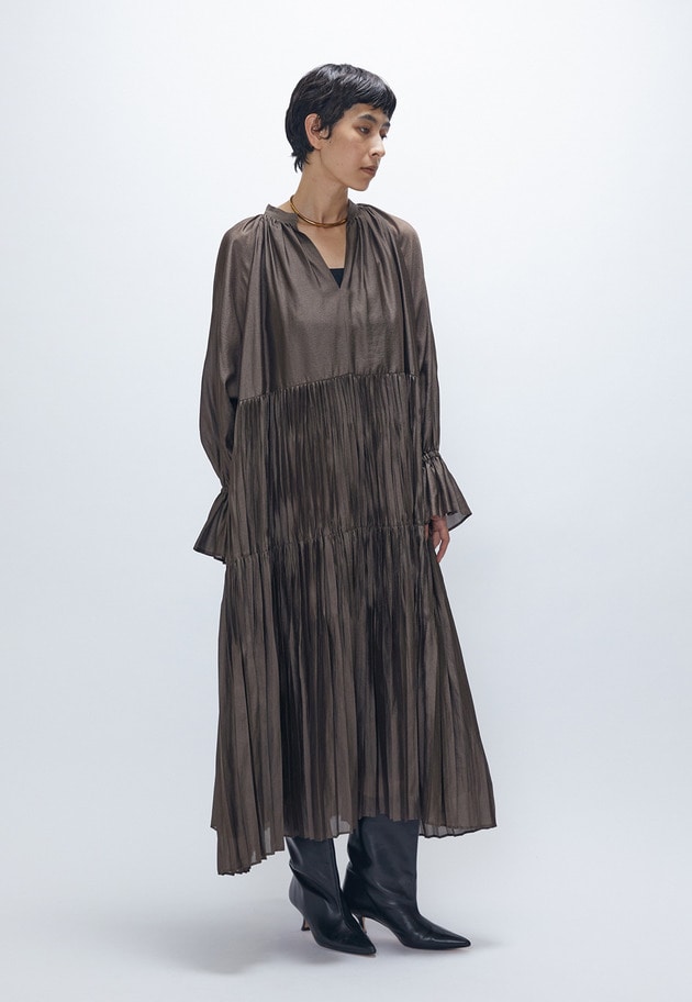 ティアード手絞りプリーツワンピース 詳細画像 Khaki 1