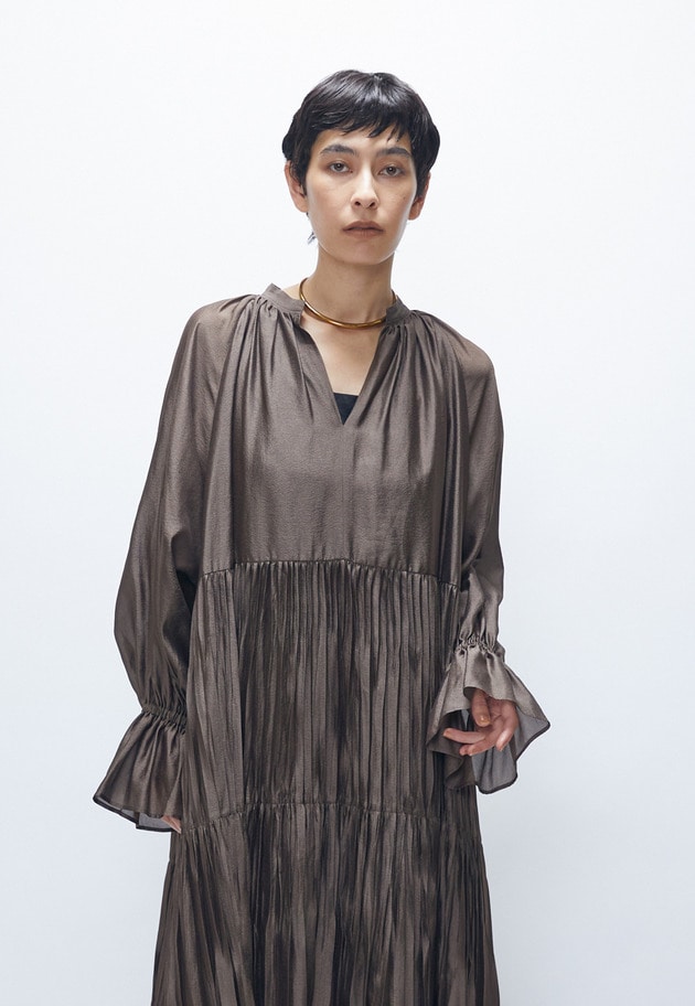 ティアード手絞りプリーツワンピース 詳細画像 Khaki 3