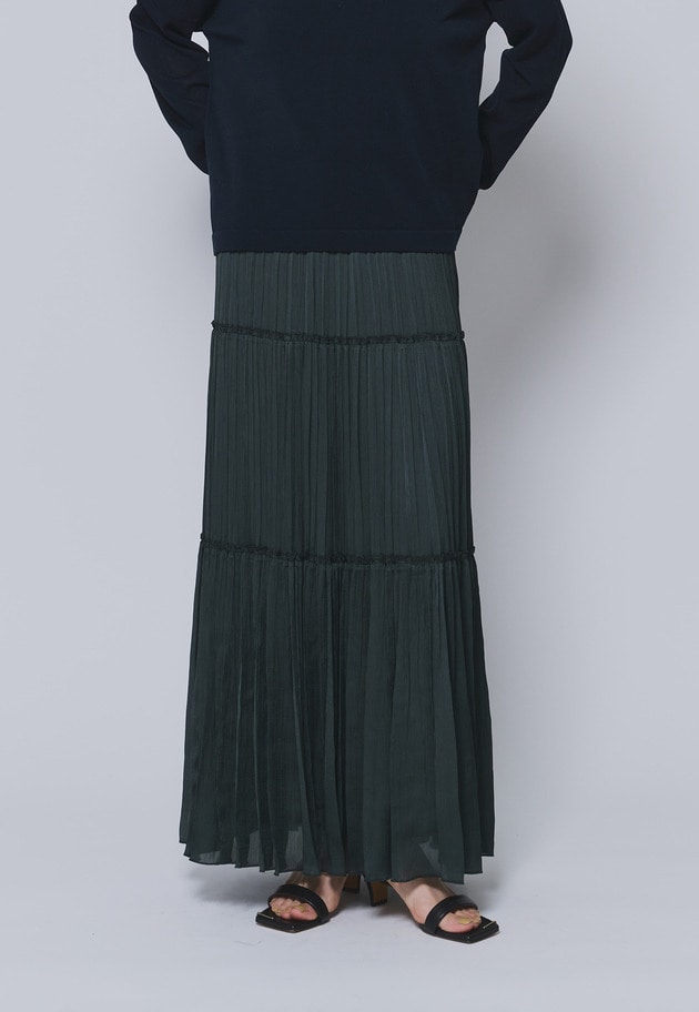 楊柳サテンティアードプリーツスカート 詳細画像 Green 2