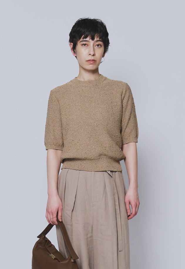 ラメノットコットンハーフスリーブニット 詳細画像 Camel 1