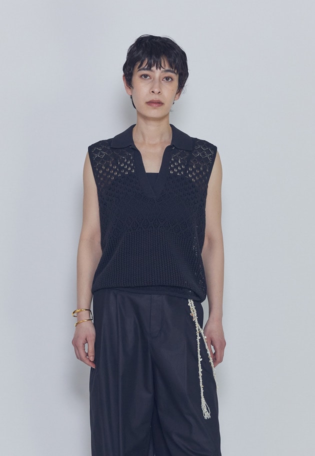 【予約】クロシェスリーブレスポロニット 詳細画像 Black 1