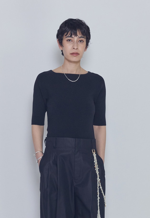 ボートネックハーフスリーブニット 詳細画像 Black 1