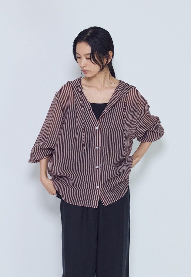 シアーマルチストライプフードシャツ 詳細画像 Brown 1