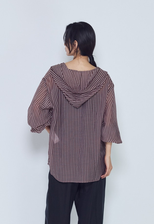 シアーマルチストライプフードシャツ 詳細画像 Brown 2